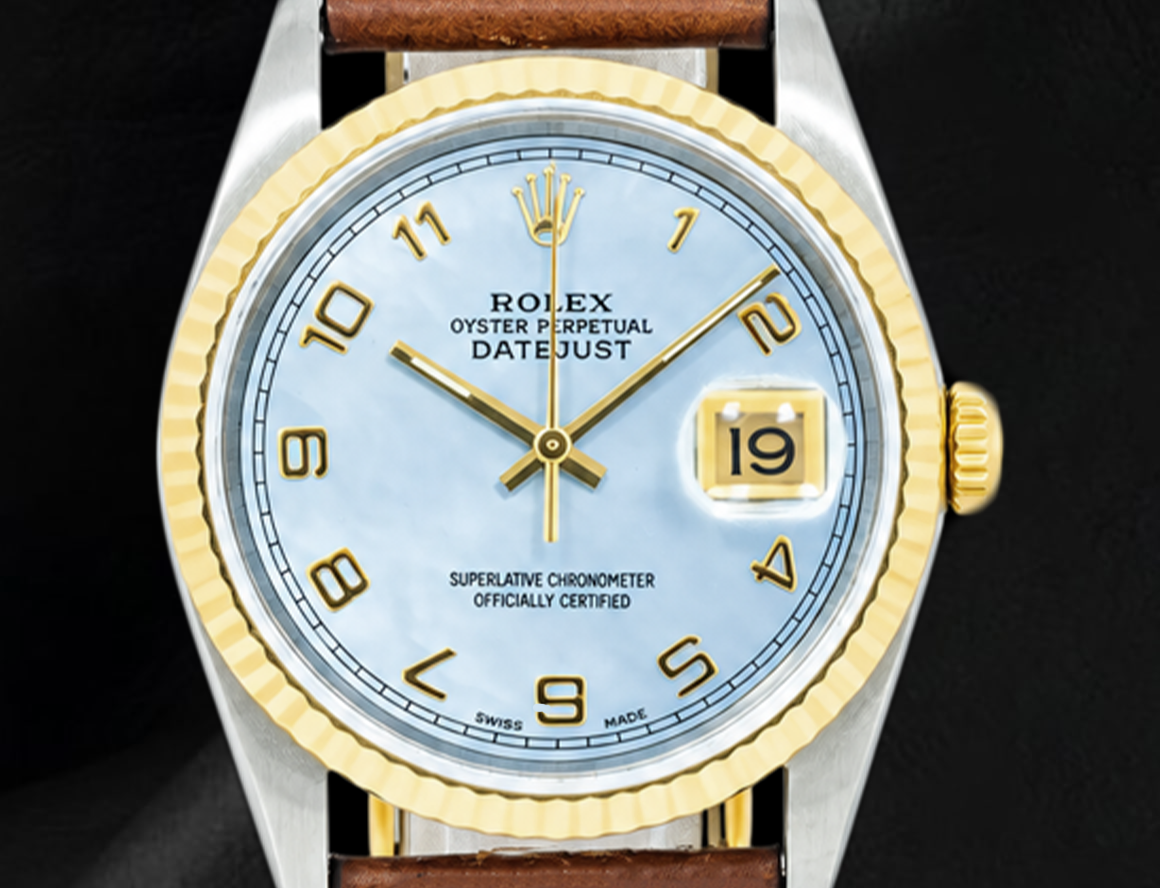 Montre Rolex Datejust 36 mm 16013 cadran en nacre bleue à chiffres arabes bracelet en cuir marron