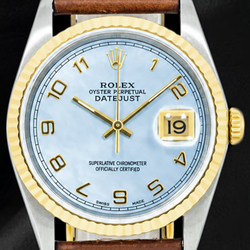 Montre Rolex Datejust 36 mm 16013 Cadran en nacre bleue à chiffres arabes Bracelet en cuir marron