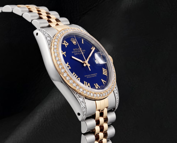 Montre Rolex Datejust 36 mm 16013 bicolore, cadran bleu à chiffres romains, bracelet Jubilé