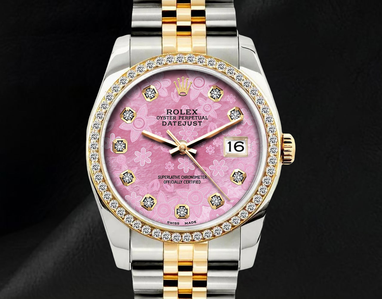Montre Rolex Datejust 36 mm 16013 Bicolore Cadran Diamants Floral Rose