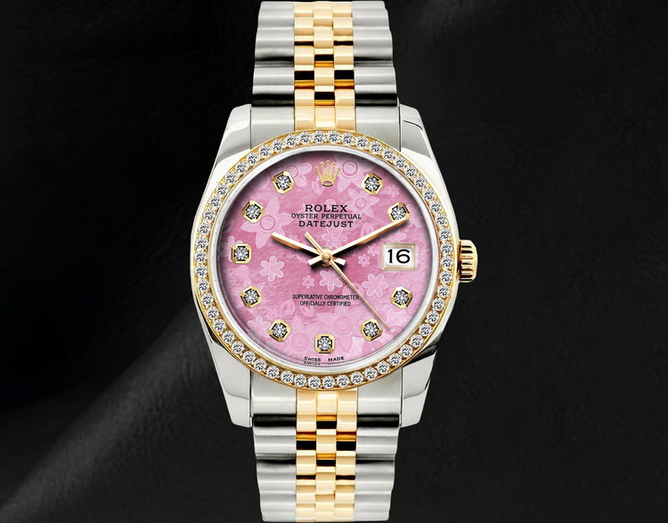 Montre Rolex Datejust 36 mm 16013 Bicolore Cadran Diamants Floral Rose