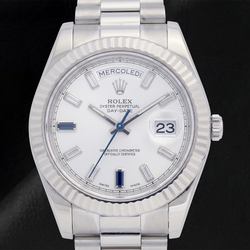 Rolex Day-Date II 41 mm 218239 Cadran Blanc Diamants Baguette Bracelet President en Or Blanc 18 carats