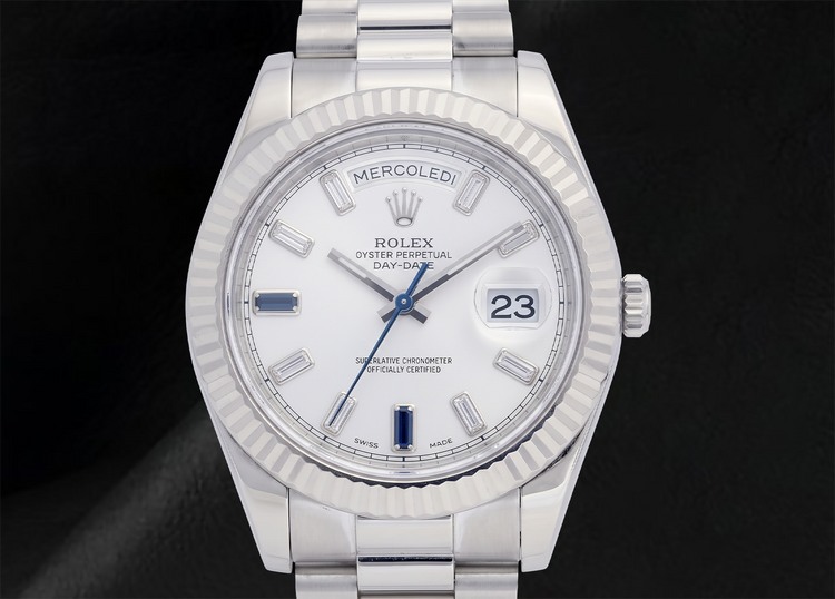 Rolex Day-Date II 41 mm 218239 Cadran Blanc Diamants Baguette Bracelet President en Or Blanc 18 carats