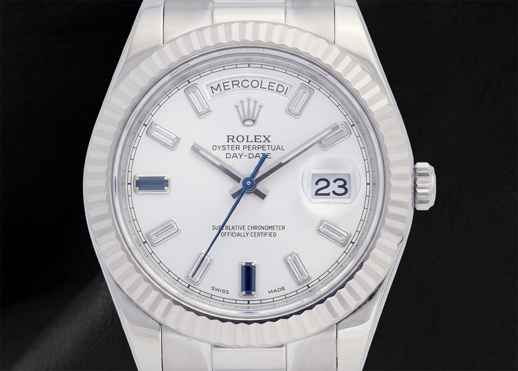 Rolex Day-Date II 41 mm 218239 Cadran Blanc Diamants Baguette Bracelet President en Or Blanc 18 carats