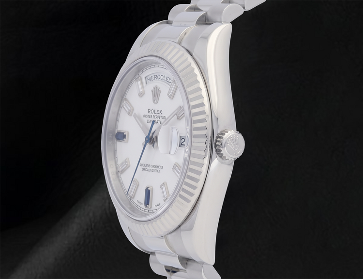 Rolex Day-Date II 41 mm 218239 Cadran Blanc Diamants Baguette Bracelet President en Or Blanc 18 carats