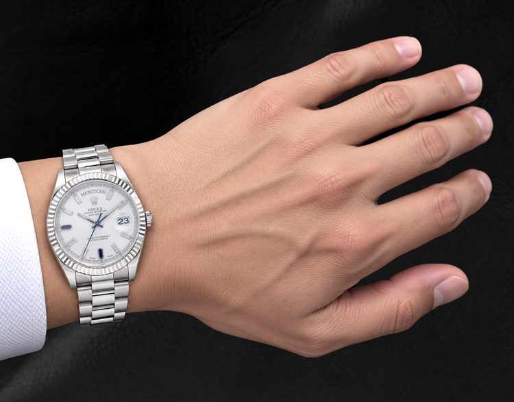 Rolex Day-Date II 41 mm 218239 Cadran Blanc Diamants Baguette Bracelet President en Or Blanc 18 carats
