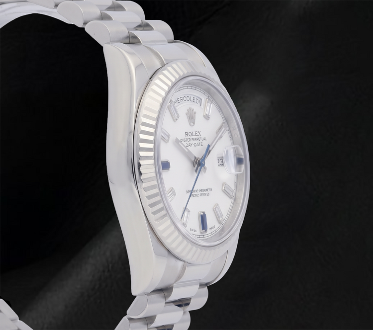 Rolex Day-Date II 41 mm 218239 Cadran Blanc Diamants Baguette Bracelet President en Or Blanc 18 carats