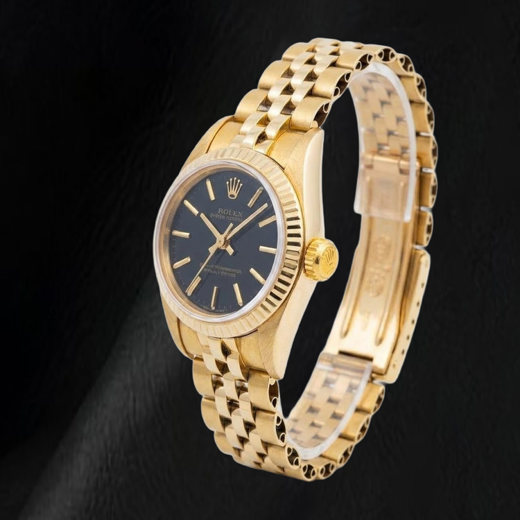 Rolex 67197 Oyster Perpetual Cadran Noir à Index Bâtons 24mm Or Jaune Montre Femme
