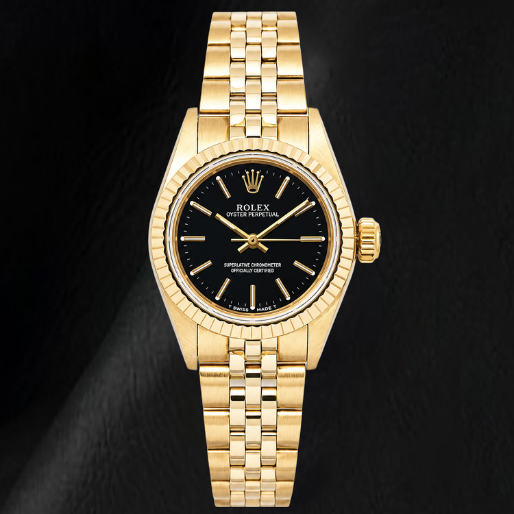 Rolex 67197 Oyster Perpetual Cadran Noir à Index Bâtons 24mm Or Jaune Montre Femme