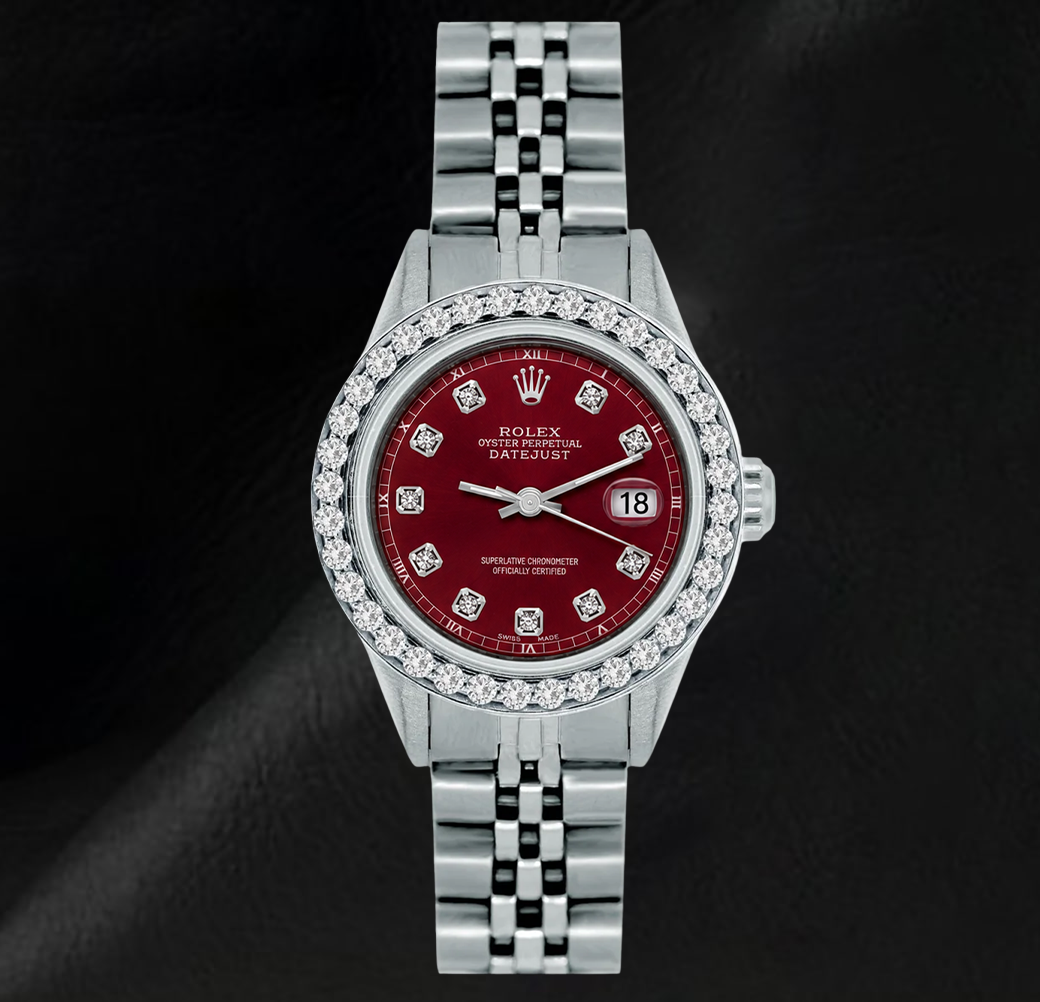 Montre Rolex 6916 Datejust 26 mm Cadran Diamants Rouge Lunette Diamants Acier Inoxydable