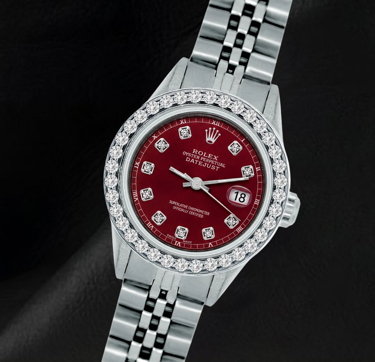 Montre Rolex 6916 Datejust 26 mm Cadran Diamants Rouge Lunette Diamants Acier Inoxydable