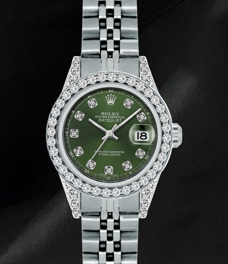 Montre Rolex 6916 Datejust Cadran Diamants Vert 26 mm Lunette Diamants Acier Inoxydable