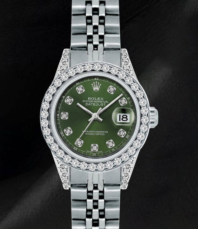 Montre Rolex 6916 Datejust Cadran Diamants Vert 26 mm Lunette Diamants Acier Inoxydable