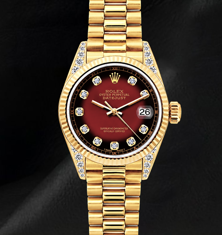 Montre Rolex 69178 Datejust 26 mm Cadran Diamants Rouge Or Jaune 18K Bracelet President