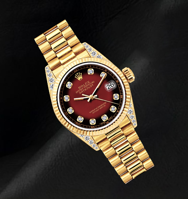 Montre Rolex 69178 Datejust 26 mm Cadran Diamants Rouge Or Jaune 18K Bracelet President