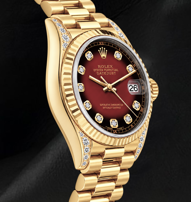 Montre Rolex 69178 Datejust 26 mm Cadran Diamants Rouge Or Jaune 18K Bracelet President