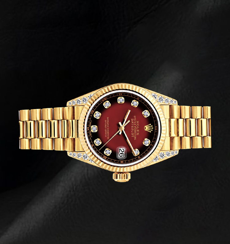 Montre Rolex 69178 Datejust 26 mm Cadran Diamants Rouge Or Jaune 18K Bracelet President
