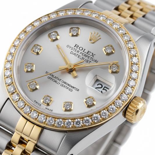 Rolex Argent Cadran Diamant Datejust Femme Montre Bracelet Bicolore