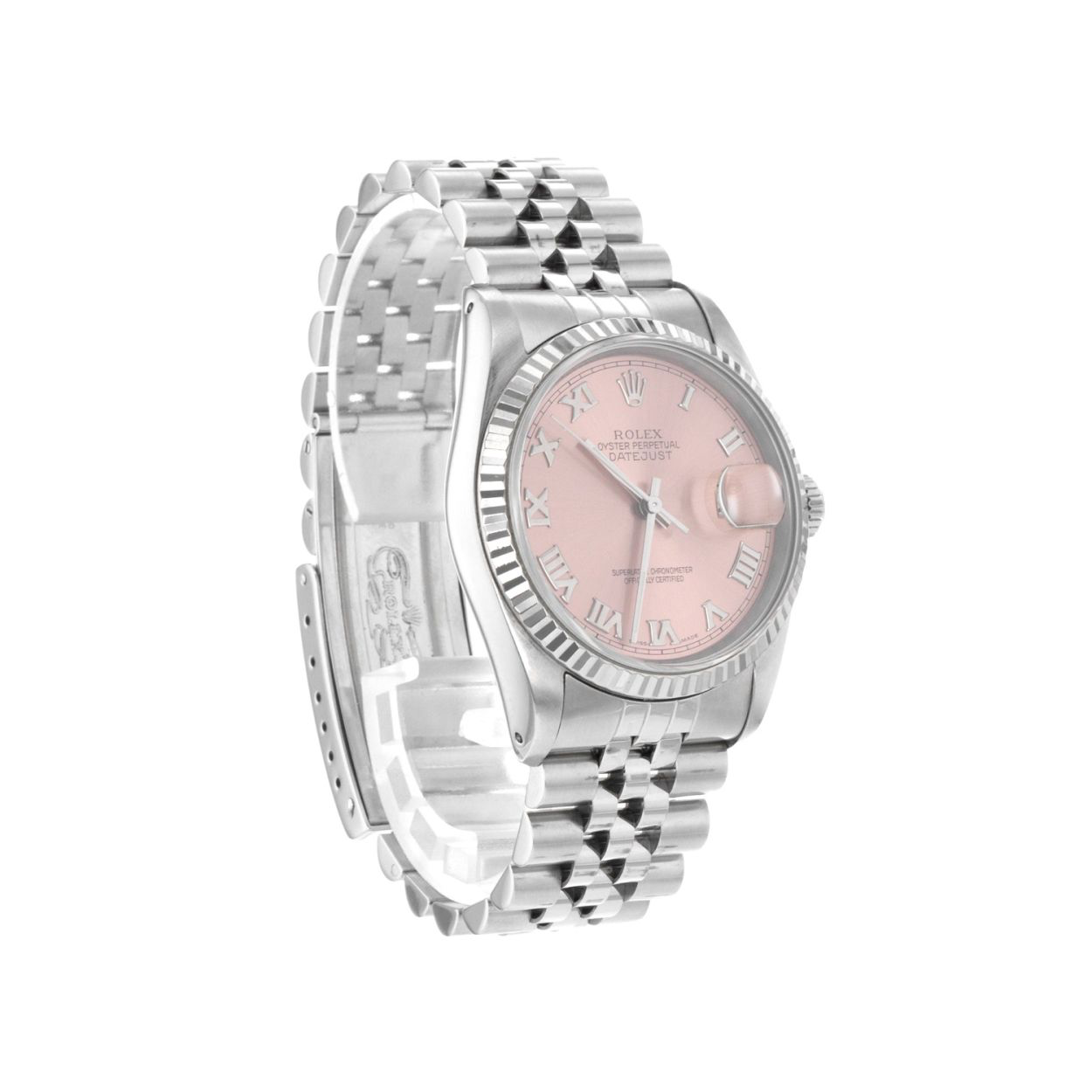 Rolex Cadran romain rose Datejust Regarder Rolex Lunette cannelée acier inoxydable jubilé ensemble rapide