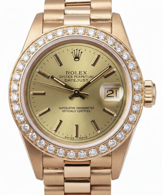 Rolex Champagne Cadran à bâton President Montre Datejust Diamant Lunette or jaune