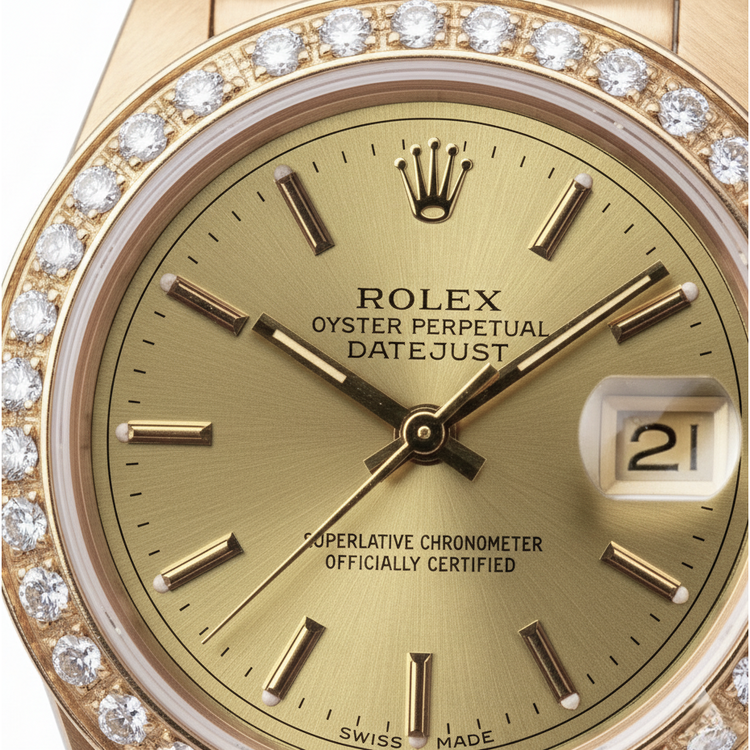 Rolex Champagne Cadran à bâton President Montre Datejust Diamant Lunette or jaune