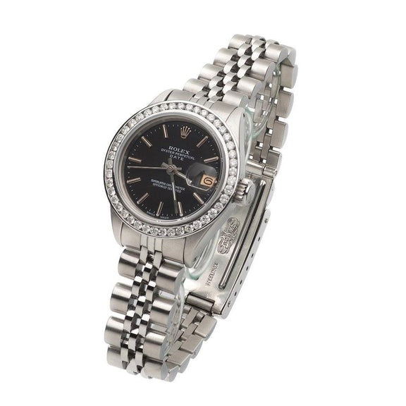 Rolex Dame Montre acier inoxydable Cadran bâton noir 