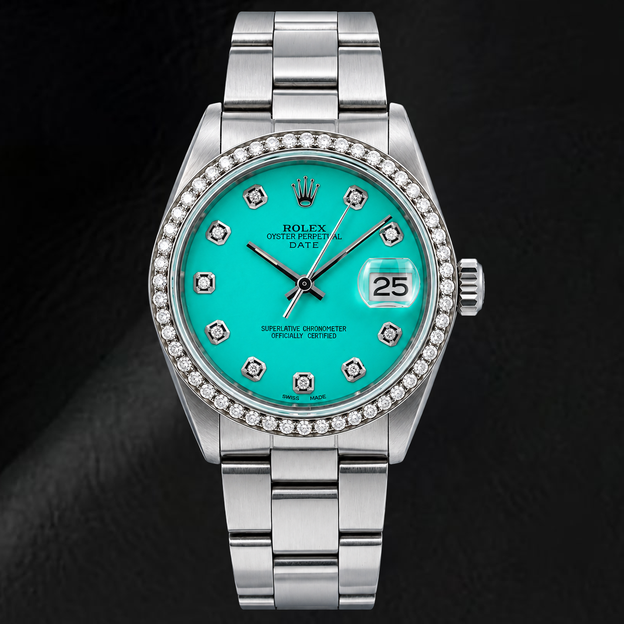 Montre Rolex Date 1500 34 mm en Acier Inoxydable avec Cadran Diamants Turquoise
