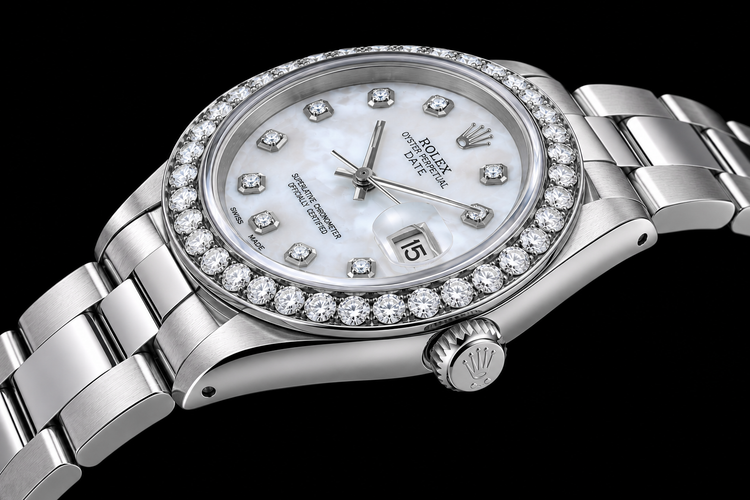 Rolex Date 1500 34 mm Cadran Diamants Nacre Blanche Acier Inoxydable