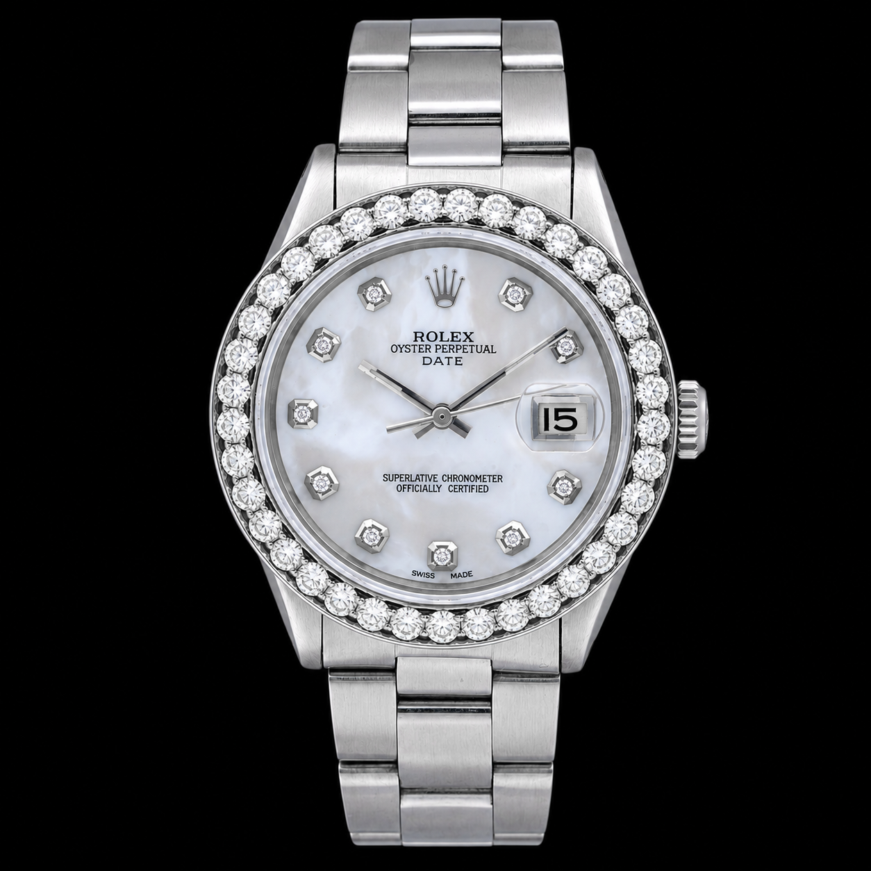 Rolex Date 1500 34 mm Cadran Diamants Nacre Blanche Acier Inoxydable