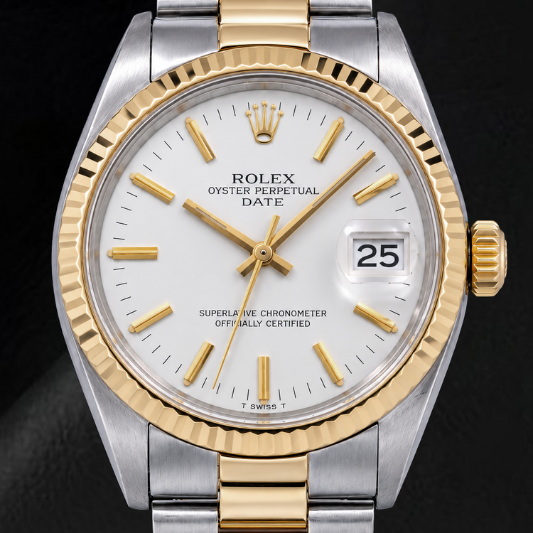 Montre Rolex Date 1500 34 mm Bicolore Cadran Blanc à Index Bâtons