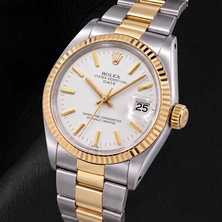 Montre Rolex Date 1500 34 mm Bicolore Cadran Blanc à Index Bâtons