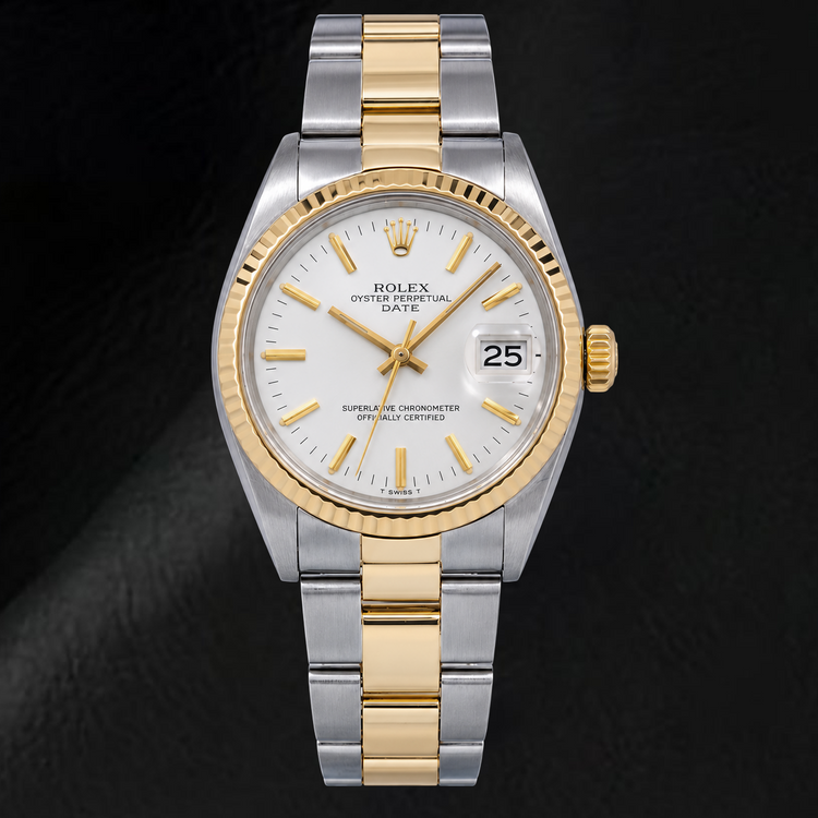 Montre Rolex Date 1500 34 mm Bicolore Cadran Blanc à Index Bâtons