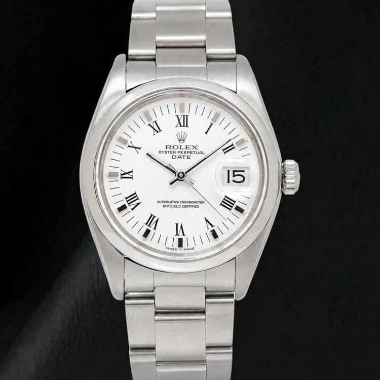 Montre Rolex Date 1500 Cadran Blanc à Chiffres Romains 34 mm en Acier Inoxydable