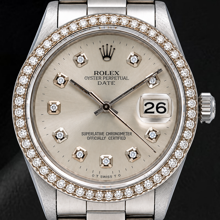 Montre Rolex Date 15010 34 mm en Acier Inoxydable avec Cadran Diamants Argenté