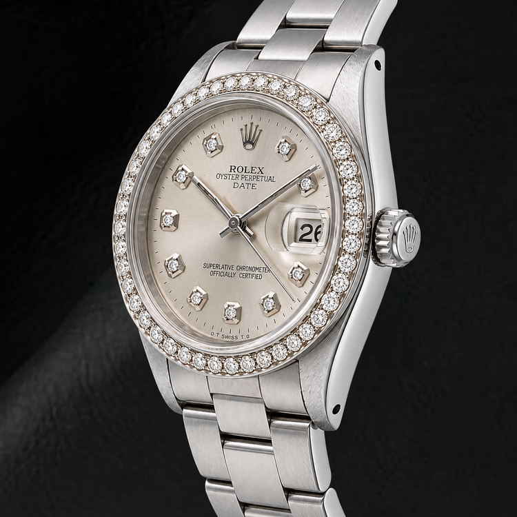 Montre Rolex Date 15010 34 mm en Acier Inoxydable avec Cadran Diamants Argenté