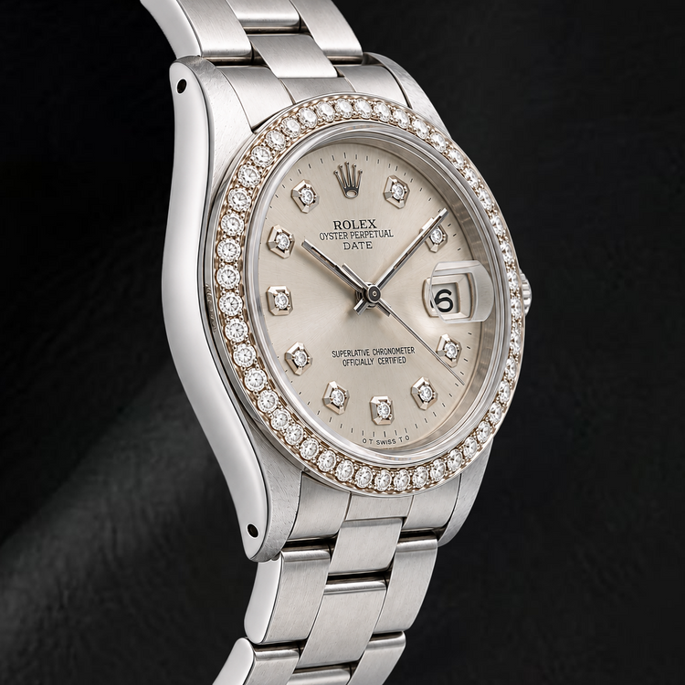 Montre Rolex Date 15010 34 mm en Acier Inoxydable avec Cadran Diamants Argenté