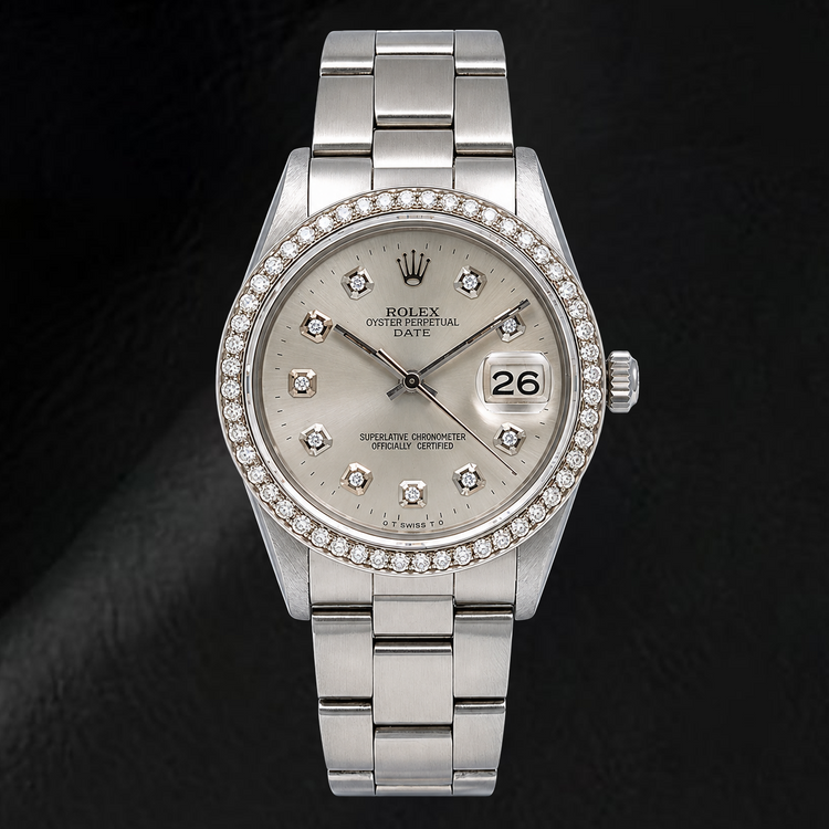 Montre Rolex Date 15010 34 mm en Acier Inoxydable avec Cadran Diamants Argenté