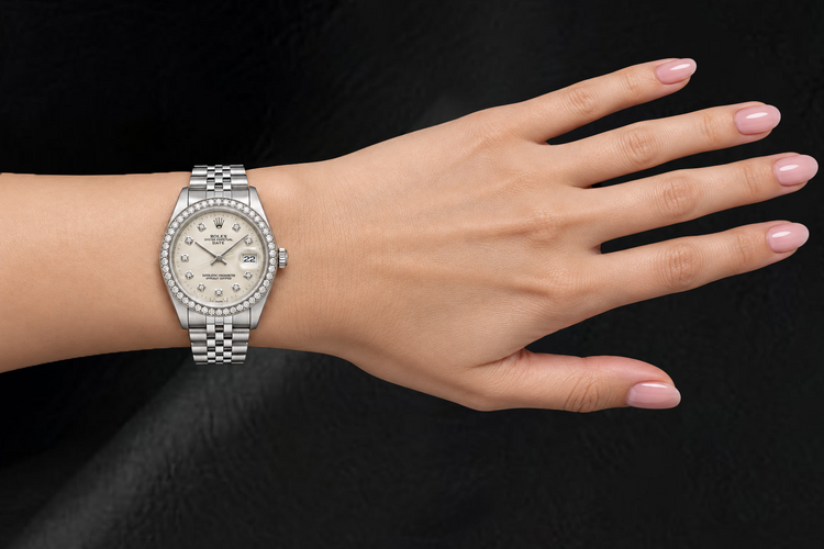 Montre Rolex Date 1501 34 mm Acier Inoxydable Cadran Diamants Argenté