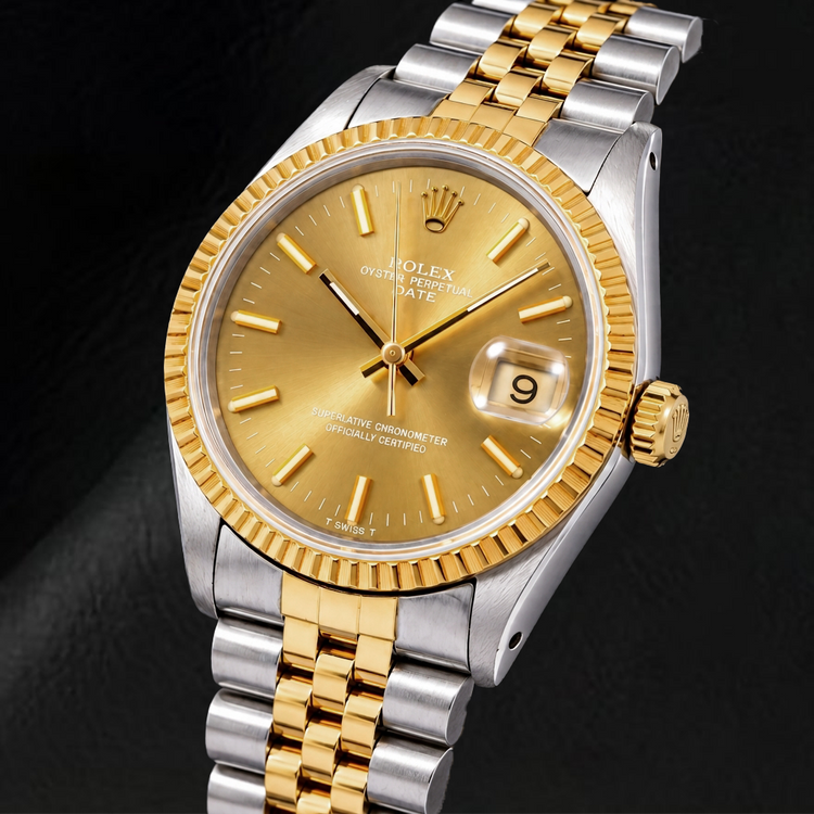 Montre Rolex Date 1502 34 mm Bicolore Cadran Champagne à Index Bâtons