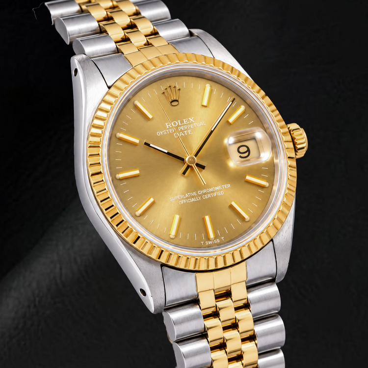 Montre Rolex Date 1502 34 mm Bicolore Cadran Champagne à Index Bâtons