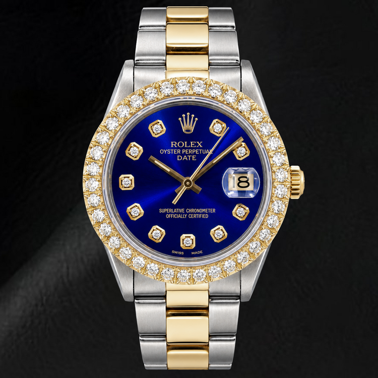 Montre Rolex Date 1505 34 mm Bicolore Cadran Diamants Bleu