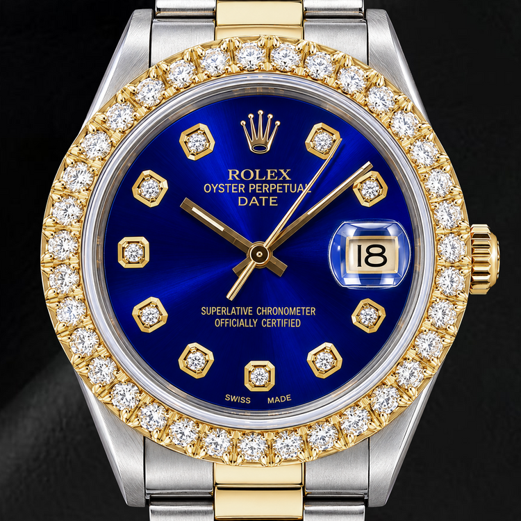 Montre Rolex Date 1505 34 mm Bicolore Cadran Diamants Bleu