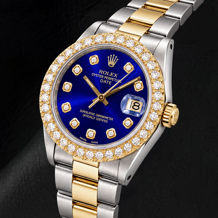 Montre Rolex Date 1505 34 mm Bicolore Cadran Diamants Bleu