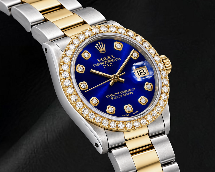 Montre Rolex Date 1505 34 mm Bicolore Cadran Diamants Bleu