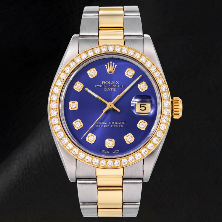 Montre Rolex Date 1505 34 mm Bicolore Cadran Diamants Bleu