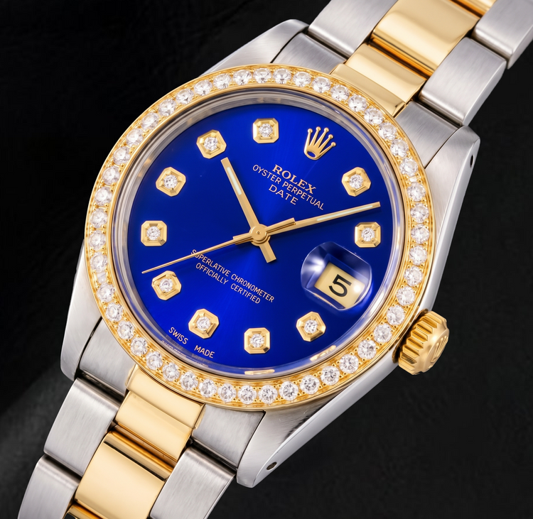 Montre Rolex Date 1505 34 mm Bicolore Cadran Diamants Bleu