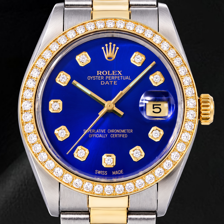 Montre Rolex Date 1505 34 mm Bicolore Cadran Diamants Bleu