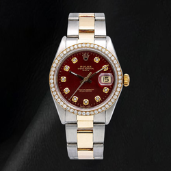 Montre Rolex Date 1505 34 mm Bicolore Cadran Diamants Rouge Bracelet Jubilé