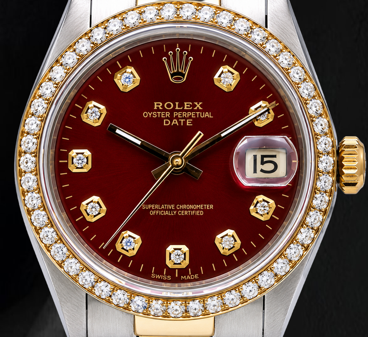 Montre Rolex Date 1505 34 mm Bicolore Cadran Diamants Rouge Bracelet Jubilé