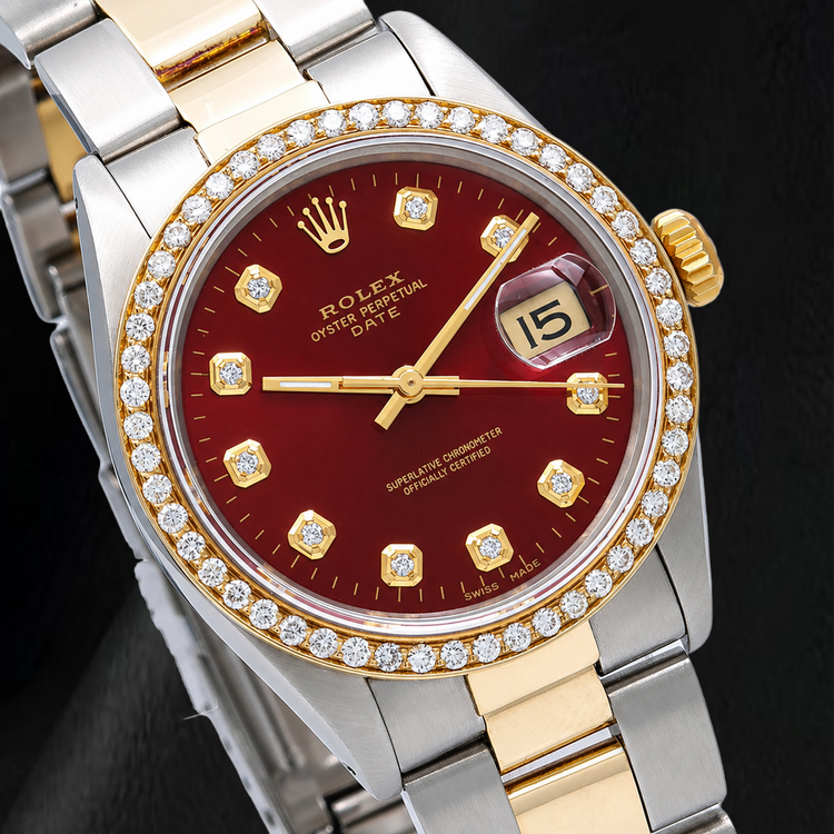 Montre Rolex Date 1505 34 mm Bicolore Cadran Diamants Rouge Bracelet Jubilé